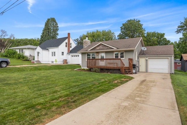 view of front of house with a wooden deck and a front lawn