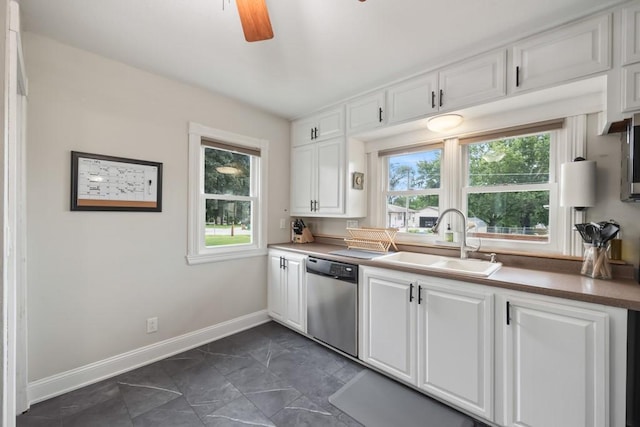 kitchen with stainless steel appliances, sink, white cabinets, and ceiling fan