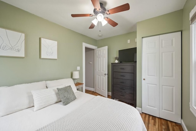 bedroom featuring ceiling fan, wood-type flooring, and a closet