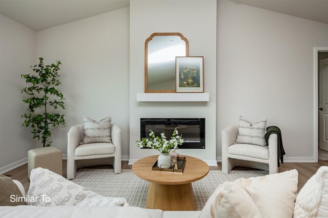 living room with a glass covered fireplace, baseboards, and wood finished floors