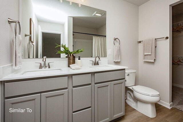 bathroom featuring a sink, toilet, wood finished floors, and double vanity