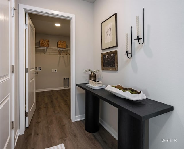 6443 NE 11th Ct, Des Moines, IA 50313 - hallway featuring dark wood-style flooring and baseboards