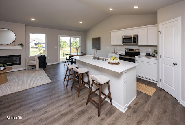 6443 NE 11th Ct, Des Moines, IA 50313 - kitchen featuring appliances with stainless steel finishes, a sink, vaulted ceiling, an island with sink, and white cabinets
