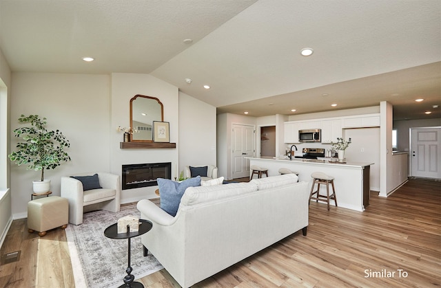 living room with vaulted ceiling and light hardwood / wood-style flooring