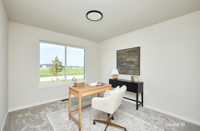 carpeted office space with a textured ceiling