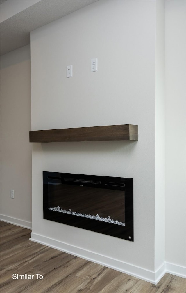 room details featuring a glass covered fireplace, baseboards, and wood finished floors