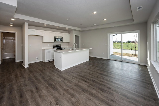 kitchen with white cabinets, a sink, a raised ceiling, baseboards, and appliances with stainless steel finishes