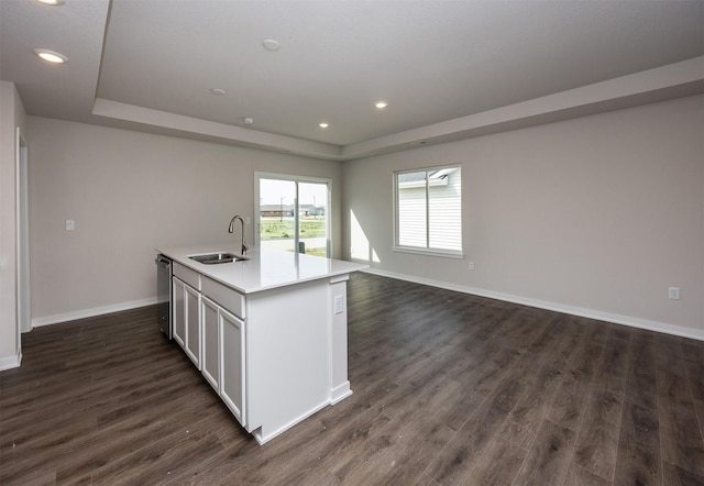 kitchen with a center island with sink, a sink, dark wood-type flooring, and a raised ceiling