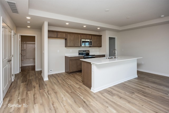 kitchen with visible vents, appliances with stainless steel finishes, a kitchen island with sink, light countertops, and a sink