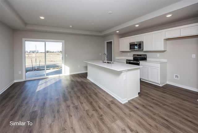 kitchen featuring appliances with stainless steel finishes, white cabinetry, sink, a tray ceiling, and a center island with sink