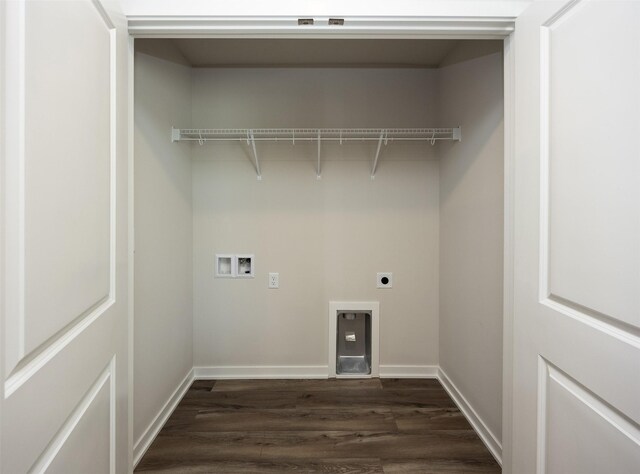 2228 Legacy Dr, Norwalk, IA 50211 - laundry room featuring dark wood-style flooring, hookup for an electric dryer, hookup for a washing machine, and baseboards