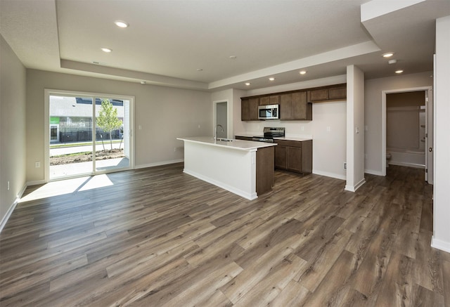 2228 Legacy Dr, Norwalk, IA 50211 - kitchen featuring stainless steel appliances, a tray ceiling, a sink, dark wood-style flooring, and recessed lighting