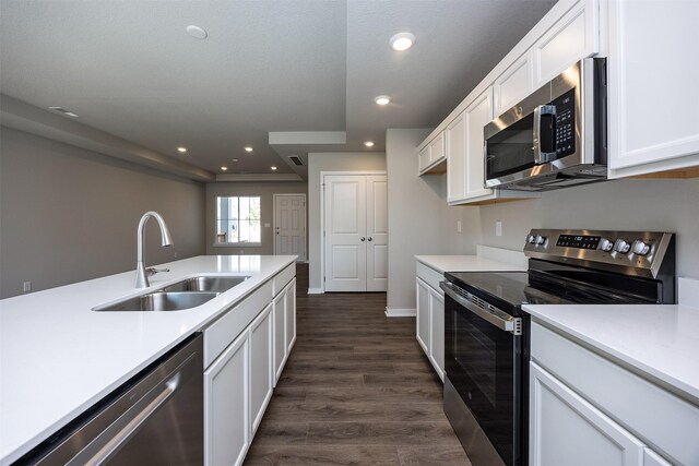 2232 Legacy Dr, Norwalk, IA 50211 - kitchen featuring appliances with stainless steel finishes, a sink, white cabinetry, recessed lighting, and light countertops