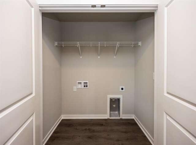 2232 Legacy Dr, Norwalk, IA 50211 - laundry area with dark wood-style flooring, hookup for a washing machine, hookup for an electric dryer, and baseboards