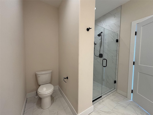 full bathroom with toilet, baseboards, a marble finish shower, and marble finish floor