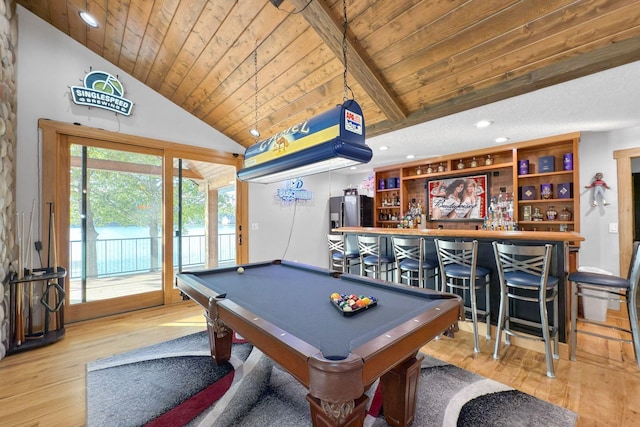 recreation room featuring billiards, wood-type flooring, lofted ceiling, wood ceiling, and bar area