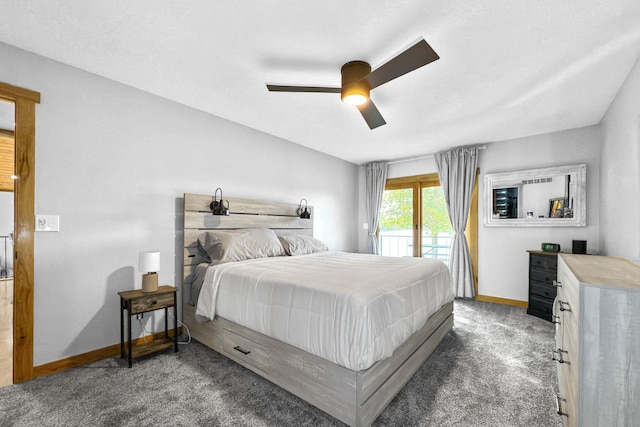 carpeted bedroom with access to outside and ceiling fan