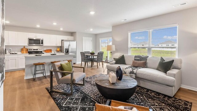 living room with light hardwood / wood-style flooring