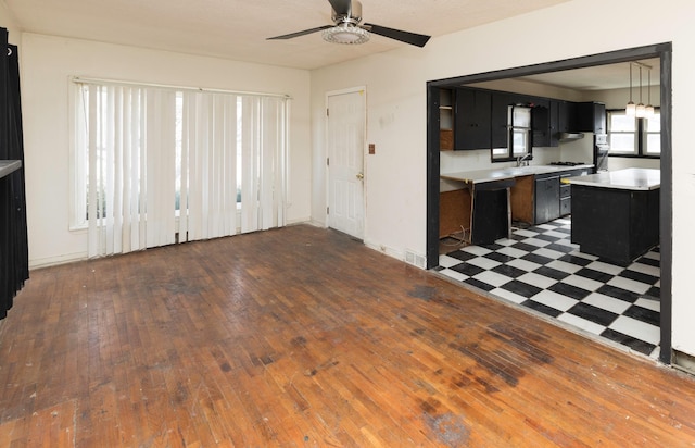 kitchen with sink, dark wood-type flooring, and ceiling fan