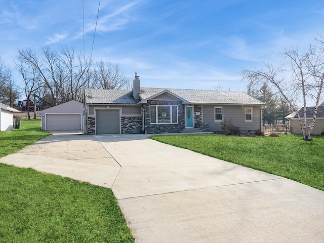 ranch-style home featuring an attached garage, stone siding, a chimney, and a front yard