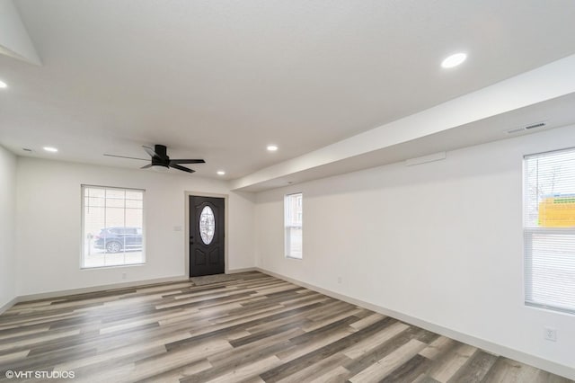 entrance foyer featuring ceiling fan, wood-type flooring, and a healthy amount of sunlight