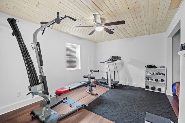 exercise area with wood-type flooring, wooden ceiling, and ceiling fan