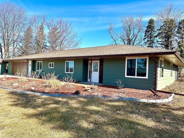 single story home with a garage and a shingled roof