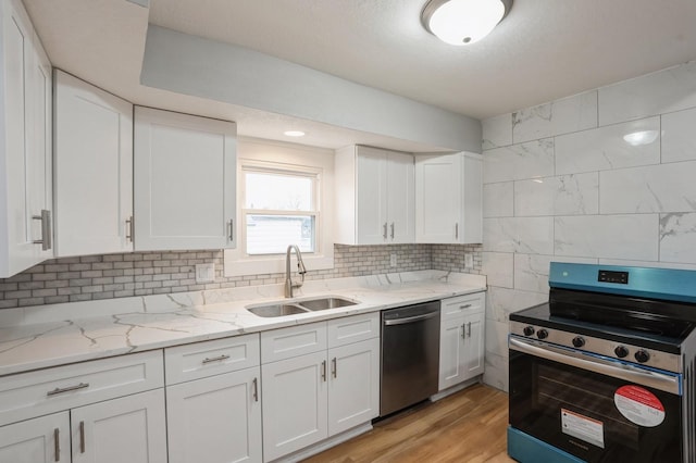 504 E Jackson Ave, Des Moines, IA 50315 - kitchen featuring backsplash, a sink, appliances with stainless steel finishes, and white cabinetry