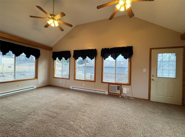 interior space featuring carpet flooring, vaulted ceiling, a water view, and baseboard heating