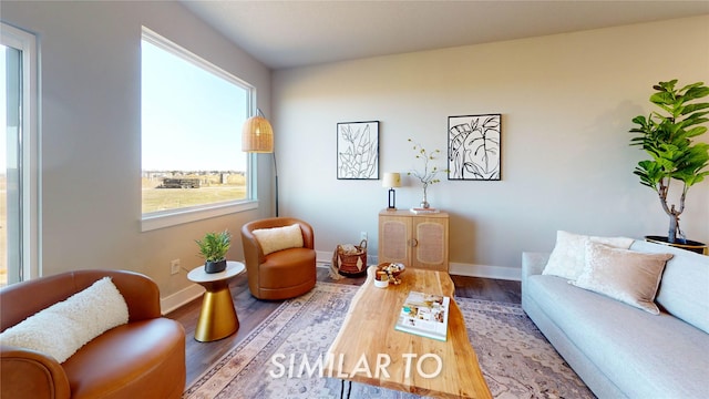 living area with baseboards and wood finished floors