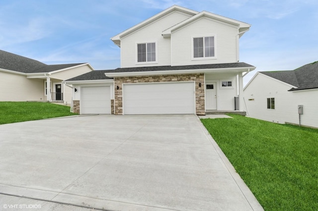 5616 Leyden Ave, Des Moines, IA 50317 - view of front of property with a front lawn, stone siding, concrete driveway, and a garage