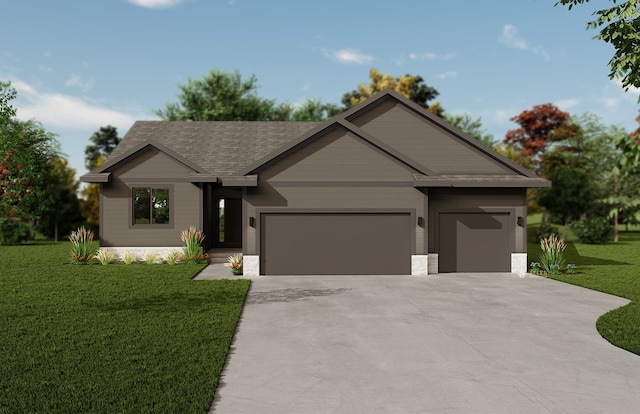 view of front of house featuring a garage, a front yard, roof with shingles, and driveway