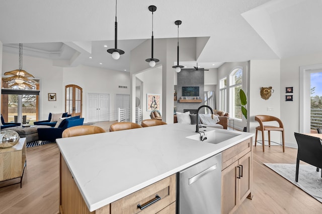 kitchen with open floor plan, a fireplace, stainless steel dishwasher, light wood-style floors, and a sink