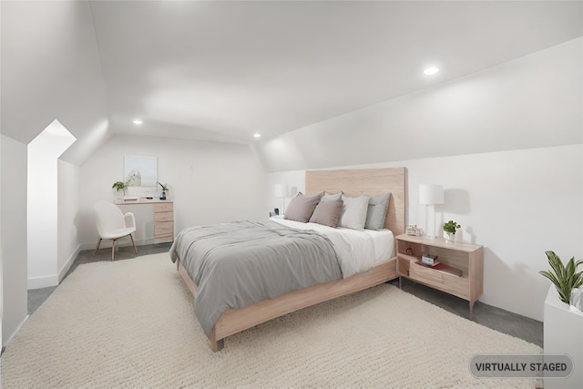 bedroom featuring recessed lighting, baseboards, and vaulted ceiling