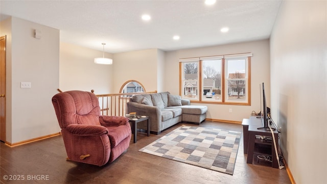 living room featuring dark wood-type flooring