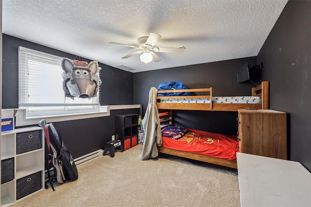 6805 Aubrey Ct, Johnston, IA 50131 - carpeted bedroom featuring a textured ceiling, a ceiling fan, and baseboard heating