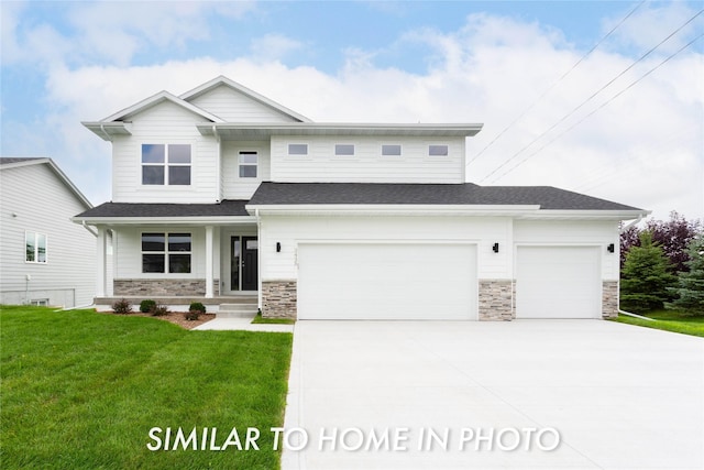 view of front of house featuring stone siding, concrete driveway, roof with shingles, and a front yard