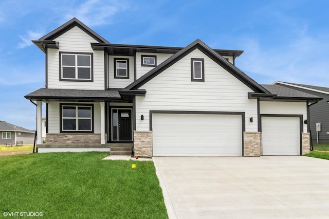 15019 Springbrook Trl, Urbandale, IA 50323 - view of front of home featuring stone siding, a front lawn, driveway, roof with shingles, and an attached garage