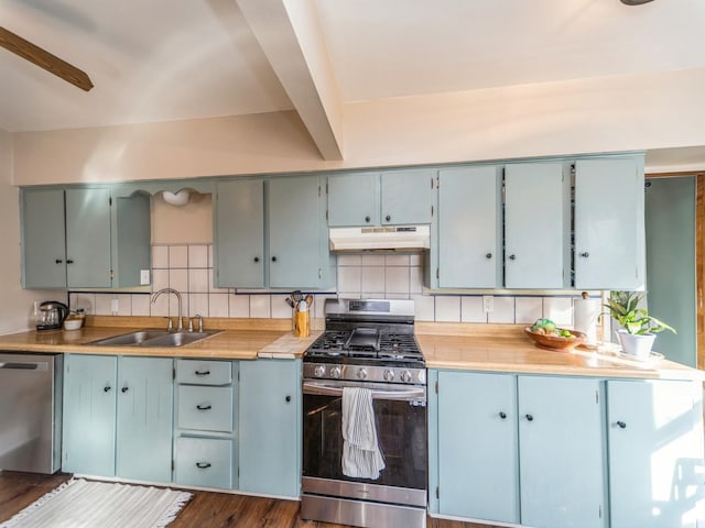 kitchen featuring appliances with stainless steel finishes, dark hardwood / wood-style flooring, sink, and backsplash