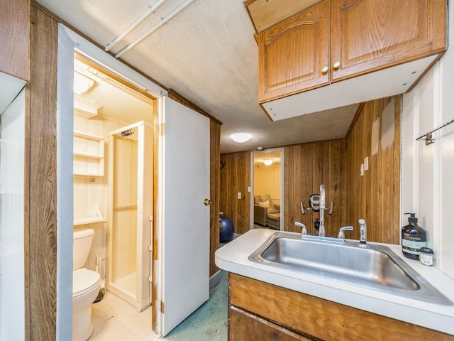 bathroom featuring vanity, wooden walls, and toilet