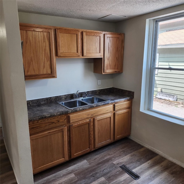 kitchen with sink, a textured ceiling, and dark hardwood / wood-style flooring