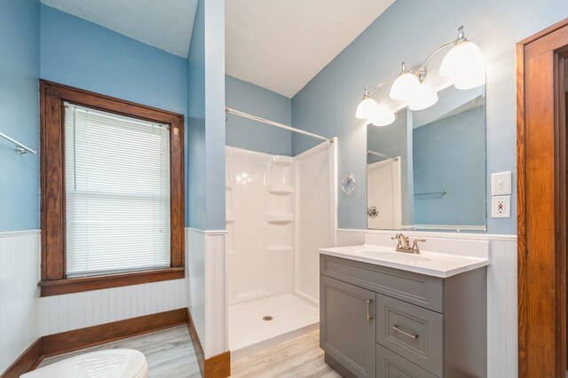 bathroom featuring walk in shower, vanity, wainscoting, and wood finished floors