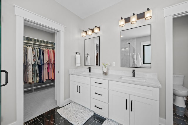 bathroom featuring a shower with door, vanity, and toilet