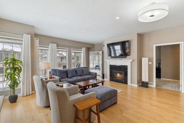 living room featuring a tiled fireplace and light wood-type flooring