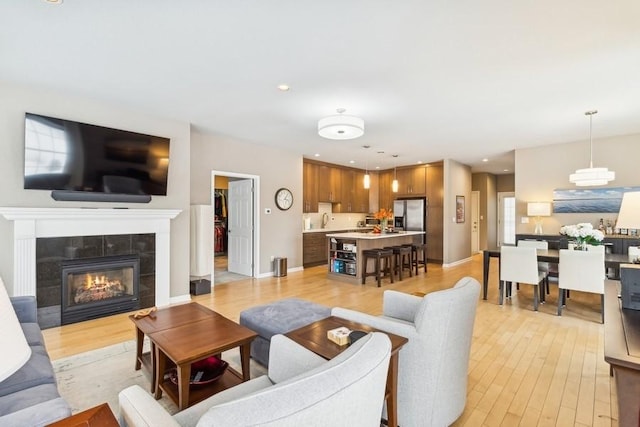 living room featuring a fireplace and light hardwood / wood-style floors