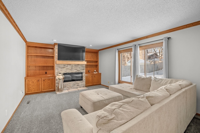 living room featuring ornamental molding and a textured ceiling