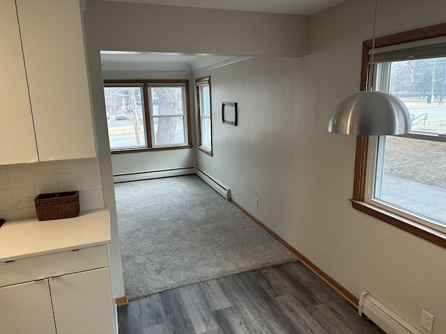 interior space with a healthy amount of sunlight, baseboards, a baseboard heating unit, and dark wood finished floors