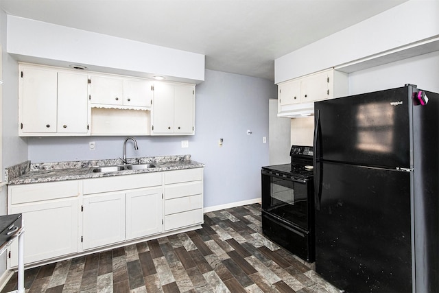 kitchen with white cabinetry, dark hardwood / wood-style floors, sink, and black appliances