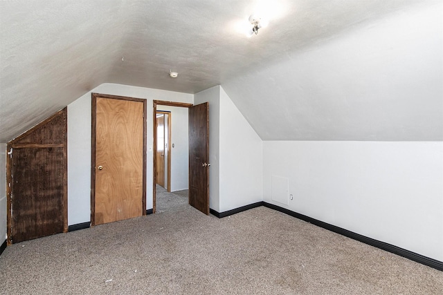 additional living space with lofted ceiling, carpet flooring, and a textured ceiling