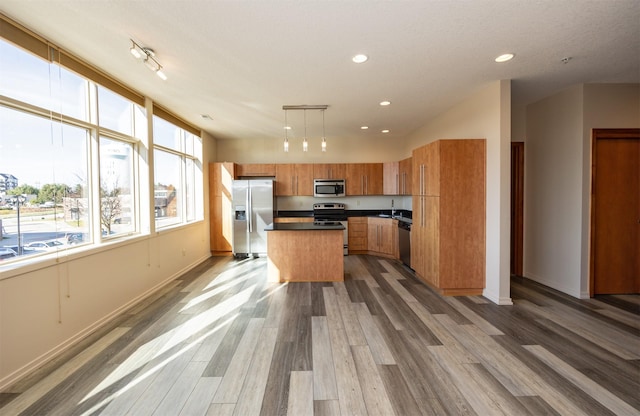 kitchen featuring hardwood / wood-style flooring, appliances with stainless steel finishes, a center island, and pendant lighting